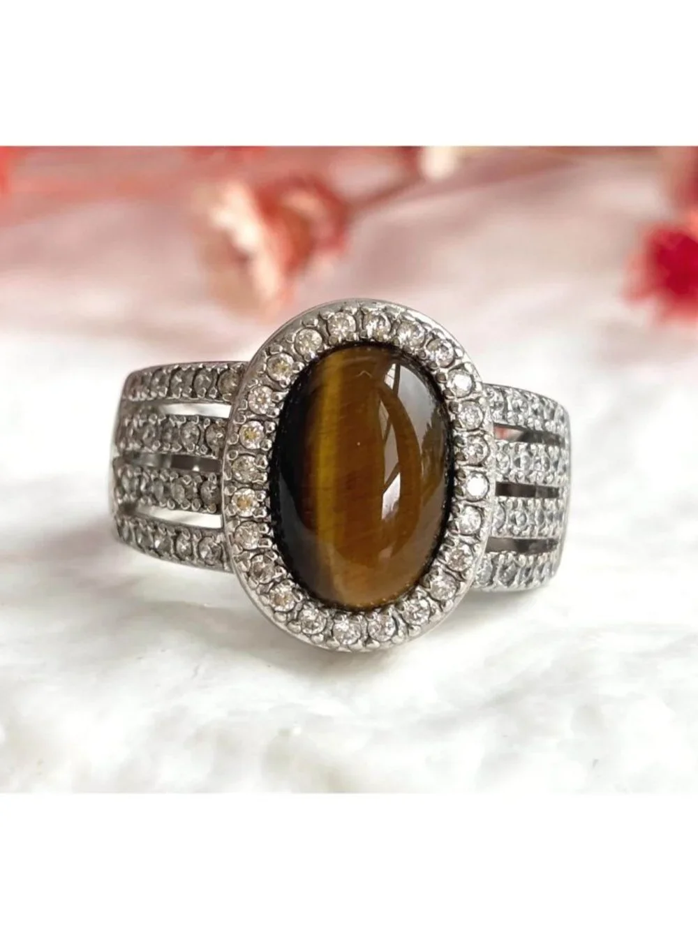 Genuine Tiger's Eye Gemstone Open Shank Sterling Silver 925 Vintage Ring - sz 8